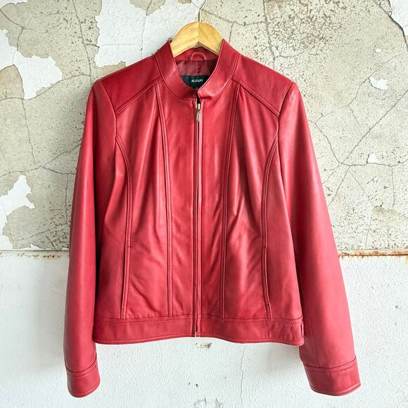 Leather Moto Jacket Womens L Cherry Red Full Zip Soft Genuine Leather Alfani - Picture 1 of 6